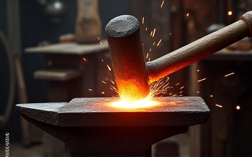 A blacksmith's hammer striking a glowing piece of metal on an anvil.